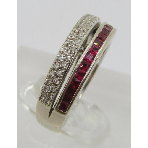 345 - 18k white gold princess-cut ruby and diamond double row ring, maker 'CPS', size N, 6.4g