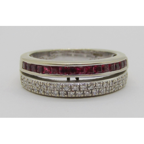 345 - 18k white gold princess-cut ruby and diamond double row ring, maker 'CPS', size N, 6.4g