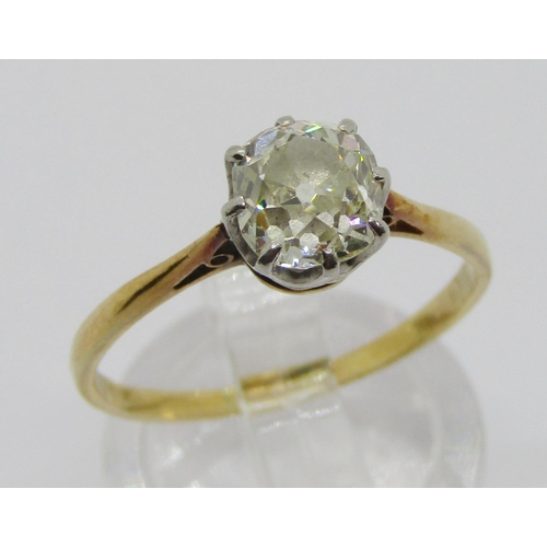 346 - Yellow metal deep cushion-cut diamond solitaire ring, 1ct approx, size R, 2.7g