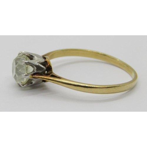 346 - Yellow metal deep cushion-cut diamond solitaire ring, 1ct approx, size R, 2.7g