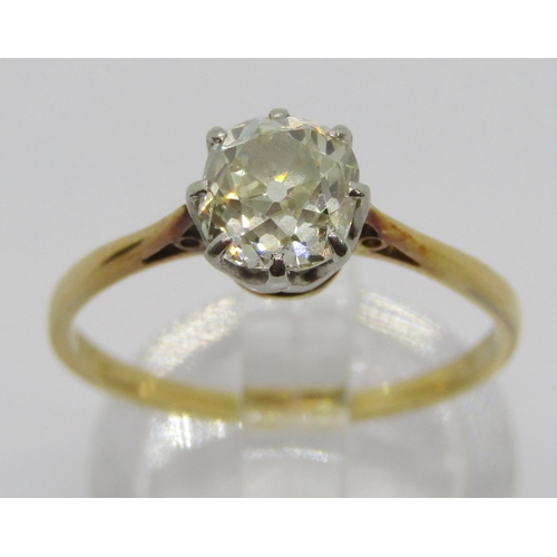 346 - Yellow metal deep cushion-cut diamond solitaire ring, 1ct approx, size R, 2.7g