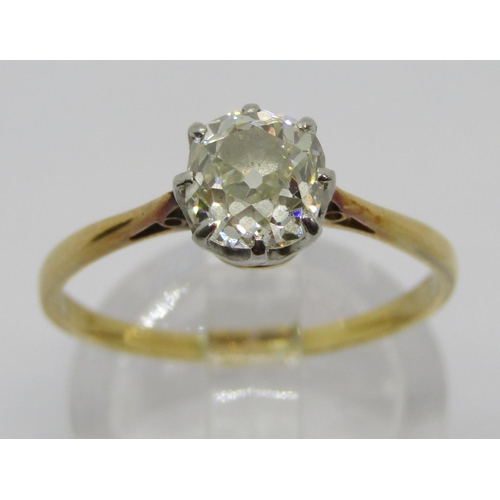 346 - Yellow metal deep cushion-cut diamond solitaire ring, 1ct approx, size R, 2.7g