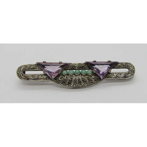 352 - German Art Deco 935 silver brooch by Theodor Fahrner, set with triangular amethysts, amazonite caboc... 