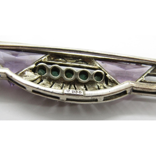 352 - German Art Deco 935 silver brooch by Theodor Fahrner, set with triangular amethysts, amazonite caboc... 