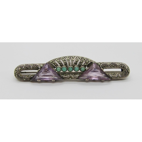 352 - German Art Deco 935 silver brooch by Theodor Fahrner, set with triangular amethysts, amazonite caboc... 