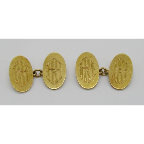 354 - Pair of antique 18ct cufflinks engraved with monogram 'RH', maker 'A.H&Co', Birmingham, 12.4g