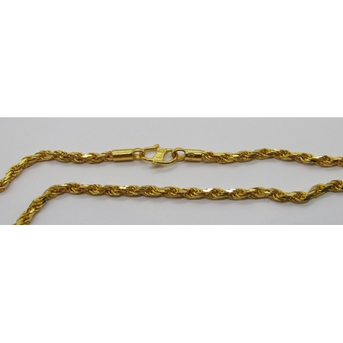 356 - Long 22ct rope twist chain necklace with 'S' clasp, stamped '916', 66.5cm L approx, 24.4g