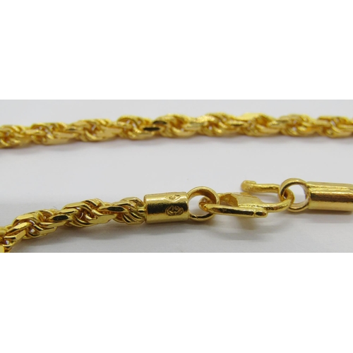 356 - Long 22ct rope twist chain necklace with 'S' clasp, stamped '916', 66.5cm L approx, 24.4g