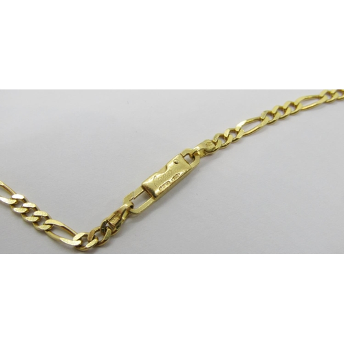 357 - Italian 18ct figaro link chain necklace, clasp signed 'chini' and 'brev', 49.5cm L approx, 8.1g