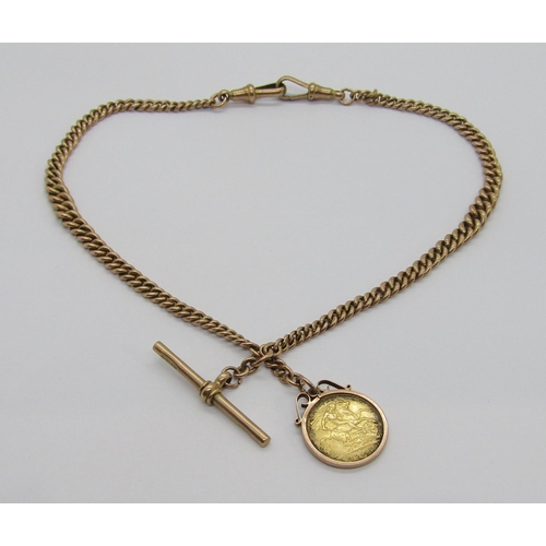 358 - 9ct Albert chain with T-bar, maker 'F.F&Co' and attached 9ct mounted half sovereign dated 1908, 37.5... 