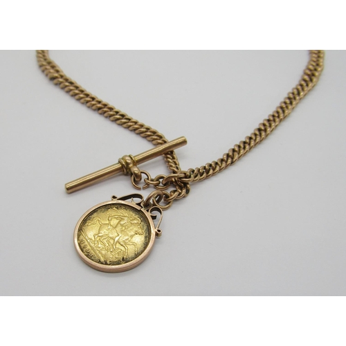 358 - 9ct Albert chain with T-bar, maker 'F.F&Co' and attached 9ct mounted half sovereign dated 1908, 37.5... 