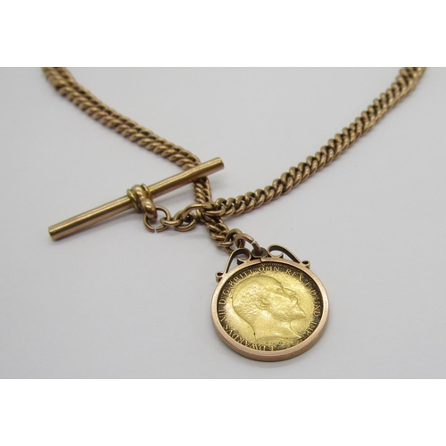 358 - 9ct Albert chain with T-bar, maker 'F.F&Co' and attached 9ct mounted half sovereign dated 1908, 37.5... 