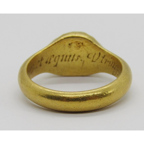 360 - Important 17th century yellow metal posie ring set with turquoise, inscription possibly relating to ... 