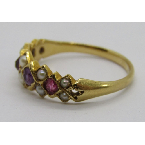 365 - Victorian yellow metal pearl and gem set 'Regard' ring, size M/N, 2.1g (diamond vacant)