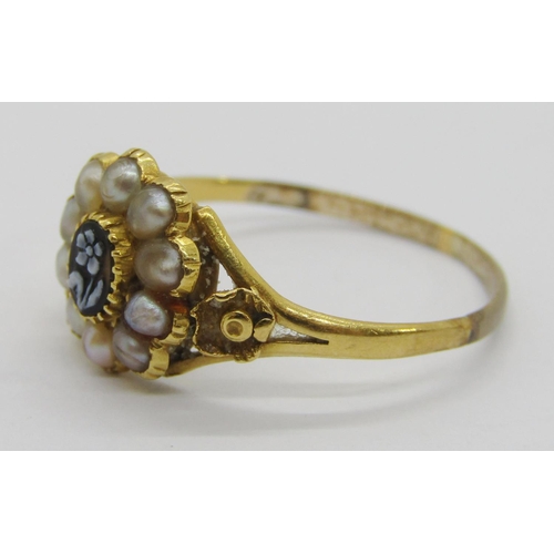 367 - Victorian yellow metal mourning ring with sardonyx forget-me-not to centre and split pearl surround,... 