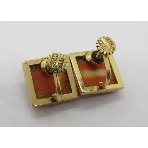 370 - Group of gold jewellery comprising a pair of 14k carved coral earrings of square form with screw fas... 