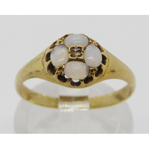 371 - Victorian yellow metal opal and diamond quatrefoil cluster ring, set with four oval cabochon opals a... 