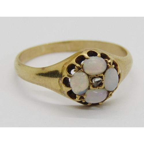 371 - Victorian yellow metal opal and diamond quatrefoil cluster ring, set with four oval cabochon opals a... 