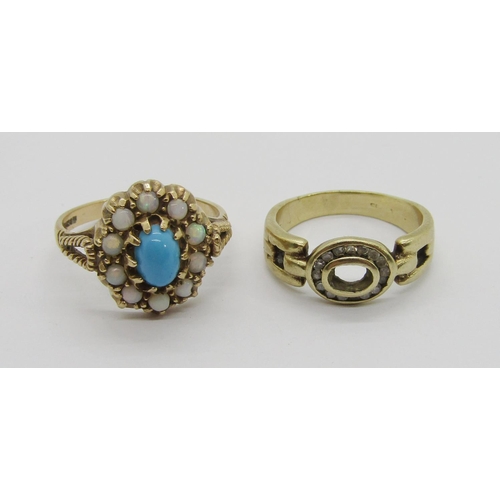 373 - Antique style 9ct cluster dress ring set with simulated turquoise and opals, size O and a further vi... 