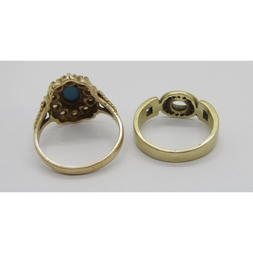 373 - Antique style 9ct cluster dress ring set with simulated turquoise and opals, size O and a further vi... 