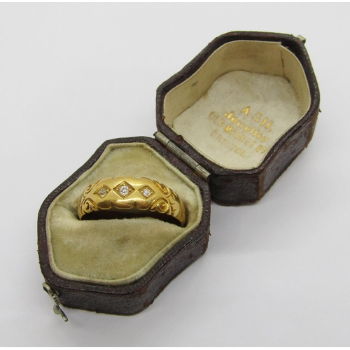 375 - Antique yellow metal diamond gypsy ring, maker 'M.G', size R/S, 3.5g, contained in an antique ring b... 