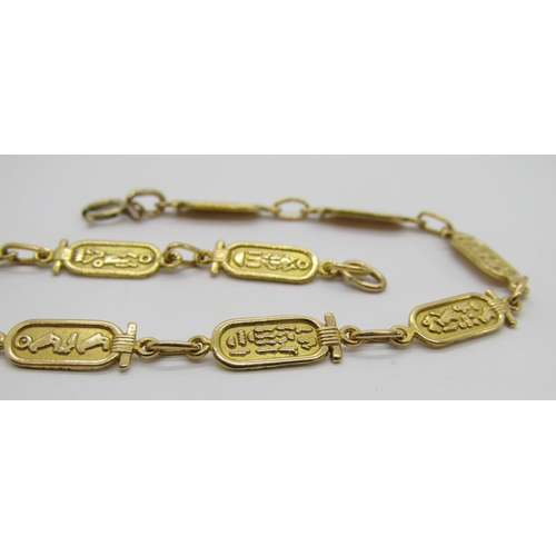 376 - Yellow metal Egyptian hieroglyphics bracelet, 20.3cm L approx, 7.2g (9ct replacement clasp)