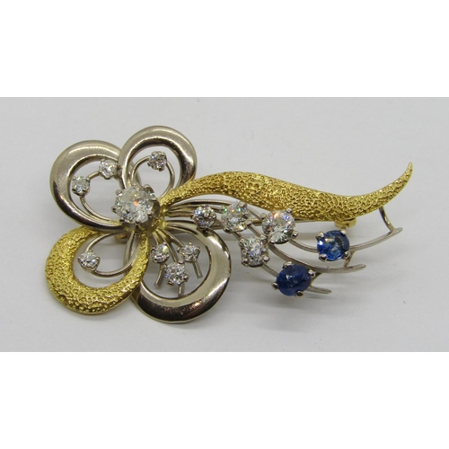 405 - Vintage stylised 18ct bi-colour diamond and sapphire floral spray brooch, diamonds ranging from 0.05... 