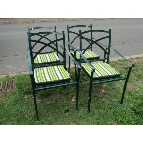 1015 - A set of four contemporary Regency style green painted metal garden open armchairs