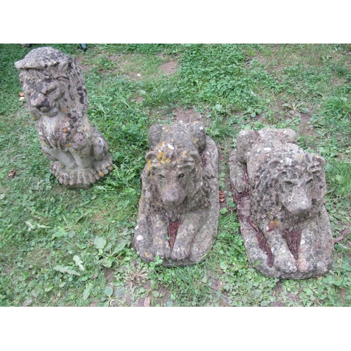 1052 - A pair of weathered cast composition stone ornament in the form of recumbent lions 36 cm high x 70 c... 