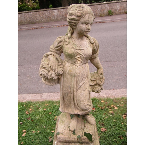 1054 - Three weathered cast composition stone garden ornaments representing three of the four seasons raise... 