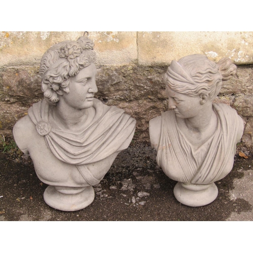 1097 - Two cast composition stone classical male and female busts, 50 and 47 cm high