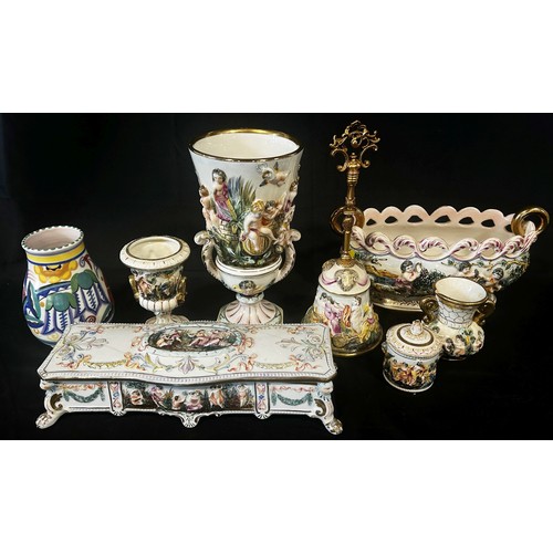 125 - A collection of Capodimonte ware comprising trinket box and cover, urn shaped vase, house bell, vase... 