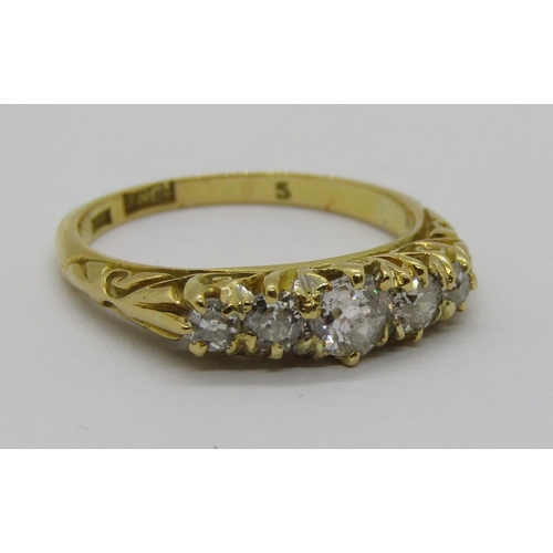 380 - Antique 18ct graduated five stone diamond ring, centre stone 0.20ct approx, outer pair 0.05ct each a... 