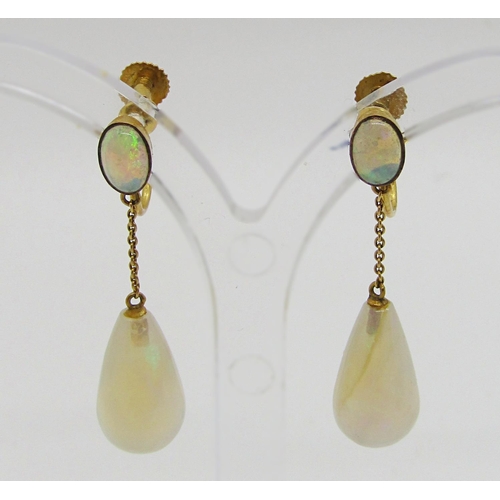 389 - Pair of Edwardian 9ct opal drop earrings with screw fastenings, 3cm L approx, 2.7g