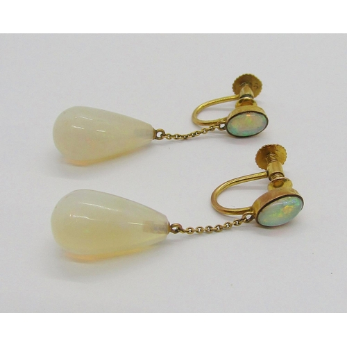 389 - Pair of Edwardian 9ct opal drop earrings with screw fastenings, 3cm L approx, 2.7g