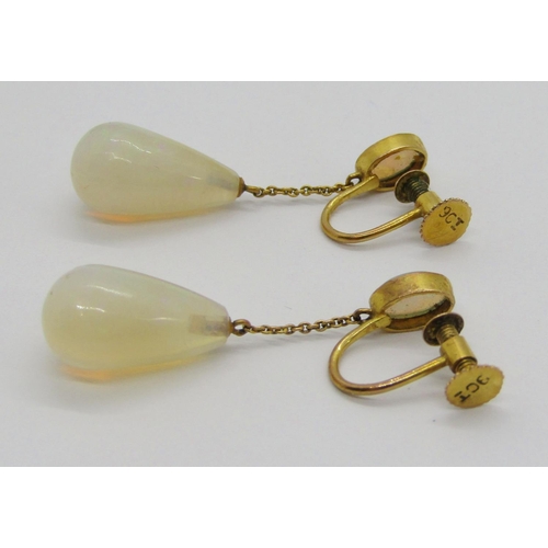 389 - Pair of Edwardian 9ct opal drop earrings with screw fastenings, 3cm L approx, 2.7g