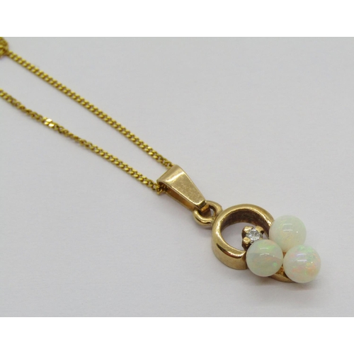 393 - 9ct trefoil opal and diamond pendant hung on a 9ct fine link chain necklace, chain 45cm L approx, 1.... 