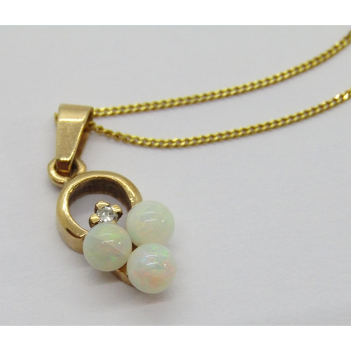 393 - 9ct trefoil opal and diamond pendant hung on a 9ct fine link chain necklace, chain 45cm L approx, 1.... 