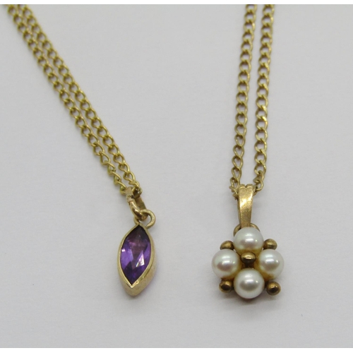 395 - 9ct marquise-cut amethyst pendant necklace and a further 9ct quatrefoil cluster pearl pendant neckla... 