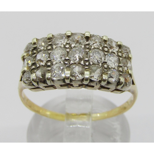 398 - Antique yellow metal pavé set triple row diamond ring, set with twenty-one old-cut diamonds ranging ... 