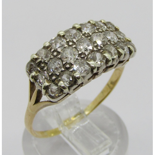 398 - Antique yellow metal pavé set triple row diamond ring, set with twenty-one old-cut diamonds ranging ... 