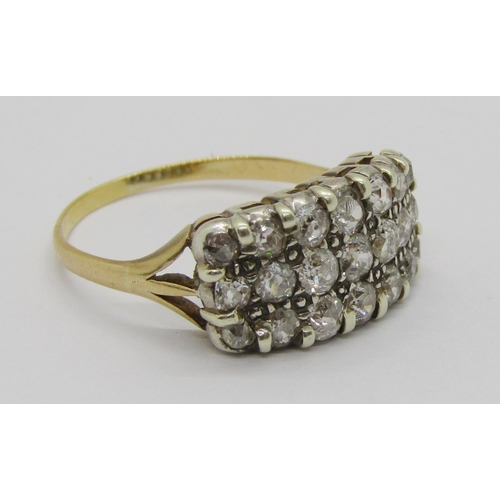 398 - Antique yellow metal pavé set triple row diamond ring, set with twenty-one old-cut diamonds ranging ... 