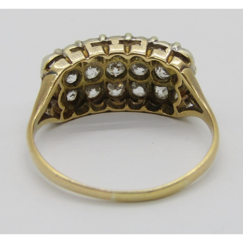 398 - Antique yellow metal pavé set triple row diamond ring, set with twenty-one old-cut diamonds ranging ... 