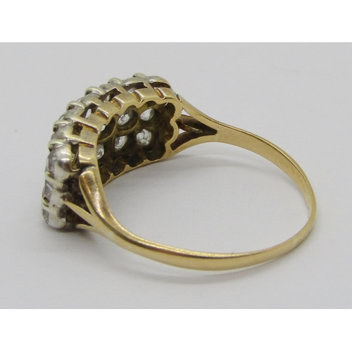 398 - Antique yellow metal pavé set triple row diamond ring, set with twenty-one old-cut diamonds ranging ... 