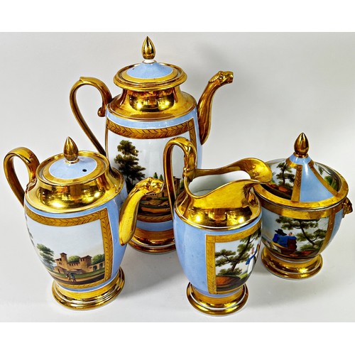 22 - A 19th century continental porcelain tea and coffee set, each piece bearing an individual hand-paint... 