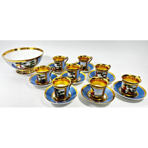 22 - A 19th century continental porcelain tea and coffee set, each piece bearing an individual hand-paint... 