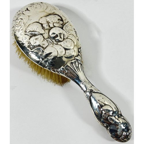 274 - An Art Deco style blue and white enamelled silver hair brush set with mirror and clothes brush, Birm... 