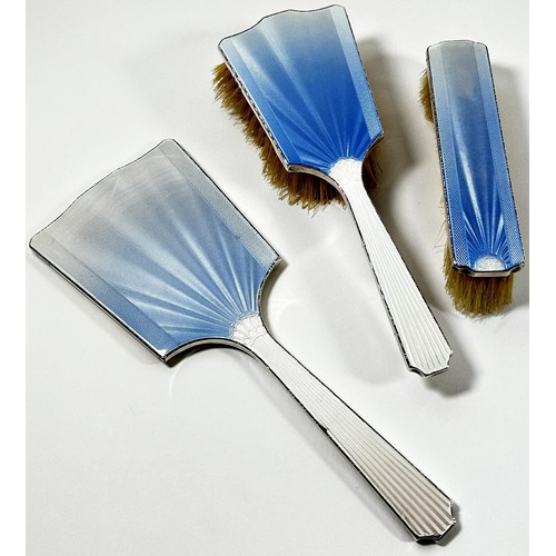 274 - An Art Deco style blue and white enamelled silver hair brush set with mirror and clothes brush, Birm... 