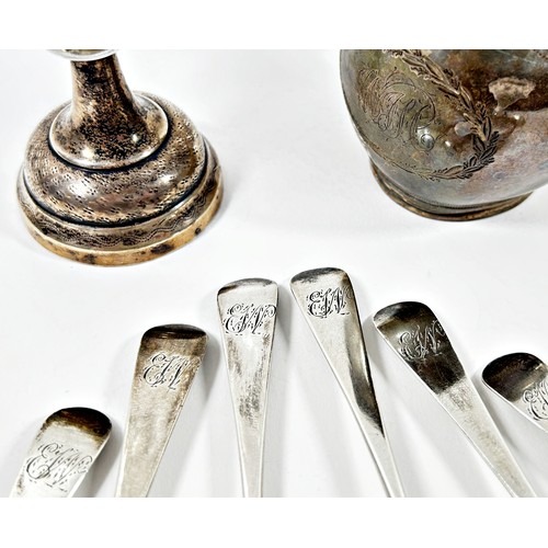 296 - Six silver George III teaspoons, London 1820, maker William Bateman I, together with a George III si... 