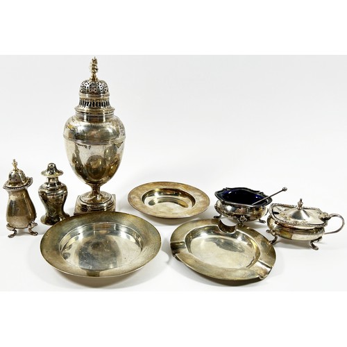 293 - A late Victorian silver sugar castor together with two silver Armada dishes, an ashtray and various ... 